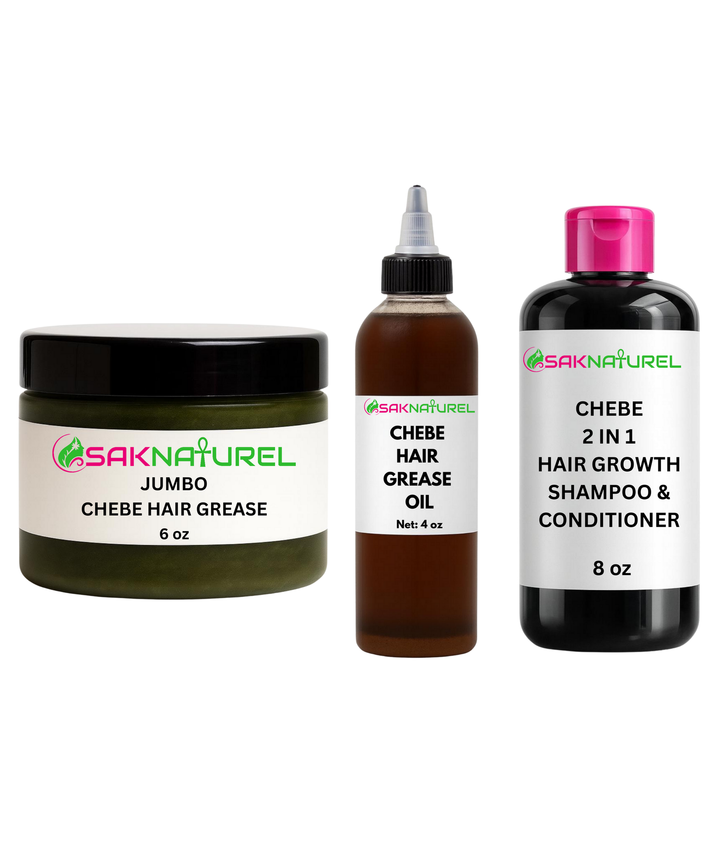 BUNDLE Organic JUMBO Chebe Hair Growth Grease, Shampoo & Oil