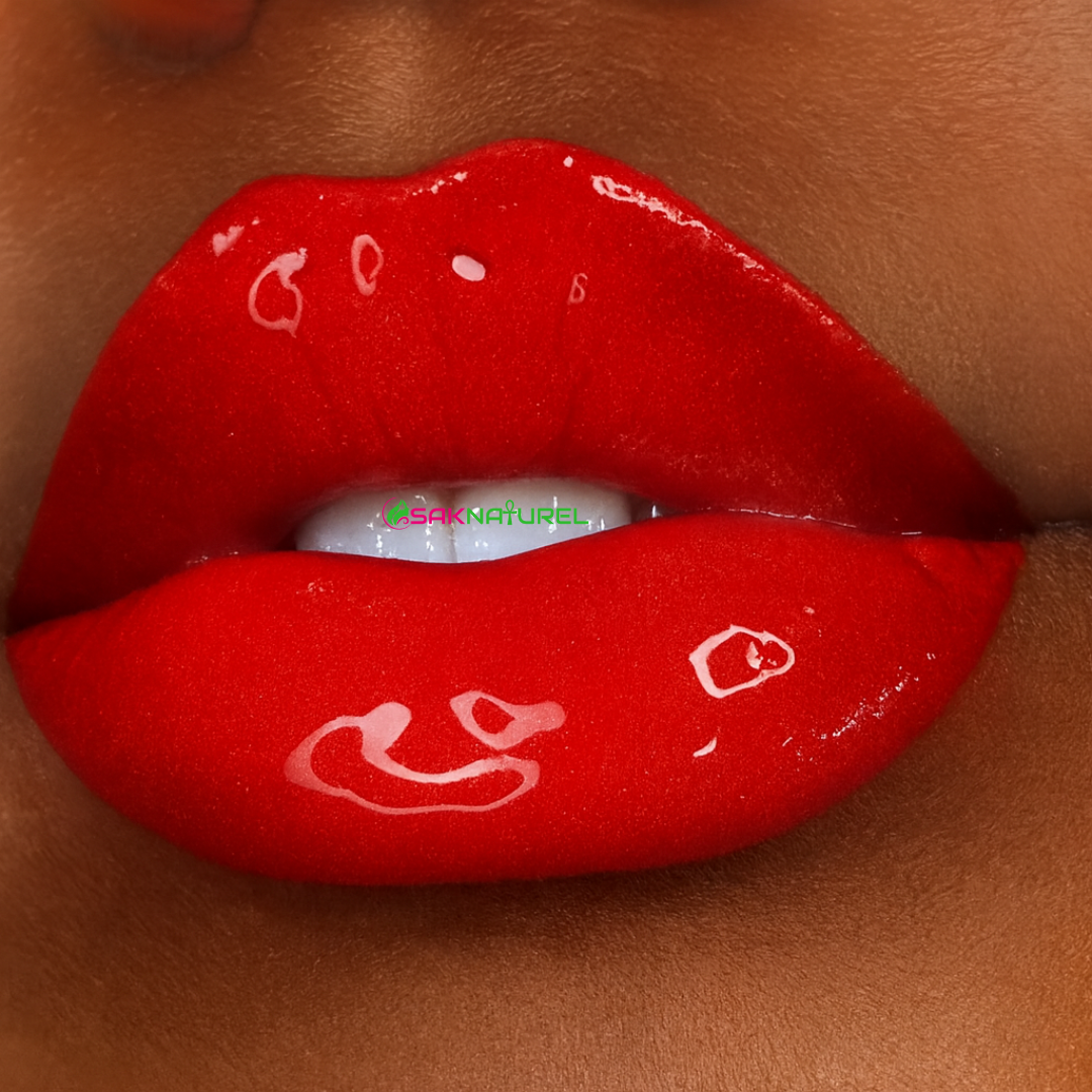 SakNaturel Boss Lady Lipstick Gloss in a 5ML clear tube with a bold pink cap, filled with vibrant red gloss. Displayed alongside its matching white and green branded packaging on a clean off-white background.