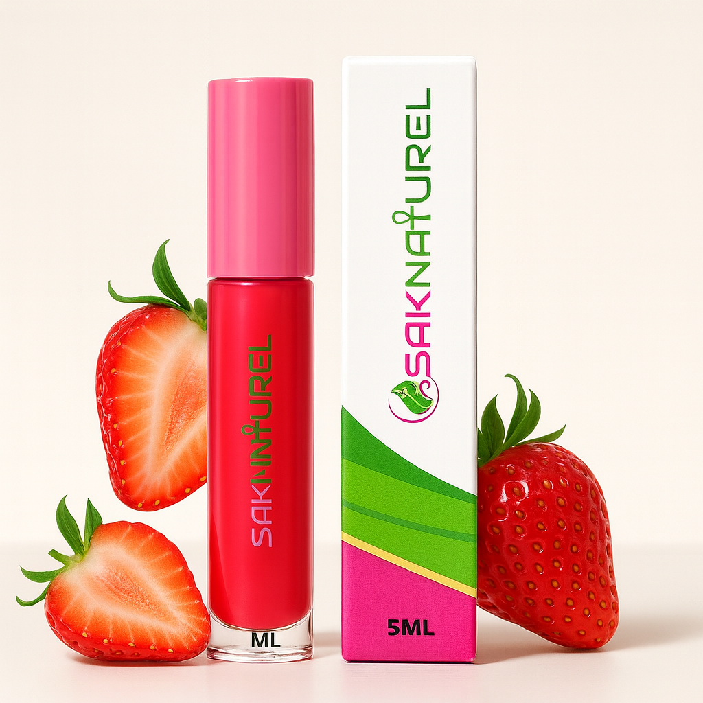 SakNaturel Boss Lady Lipstick Gloss in a 5ML clear tube with a bold pink cap, filled with vibrant red gloss. Displayed alongside its matching white and green branded packaging on a clean off-white background.