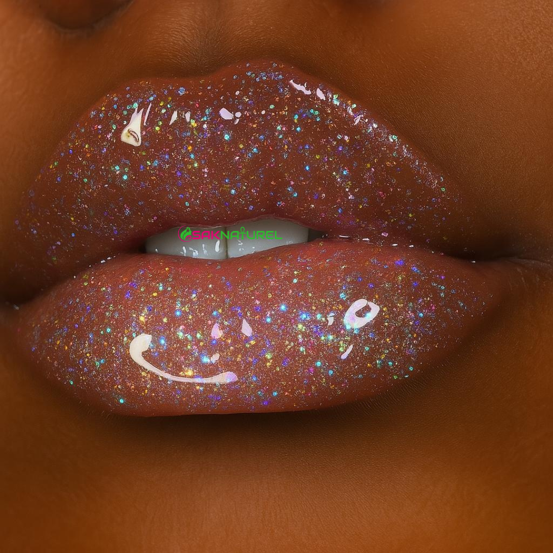 SakNaturel Holographic Lip Gloss in a clear 5ML tube with pink cap, filled with silver holographic glitter. Displayed next to matching white and green branded packaging on a soft off-white background.
