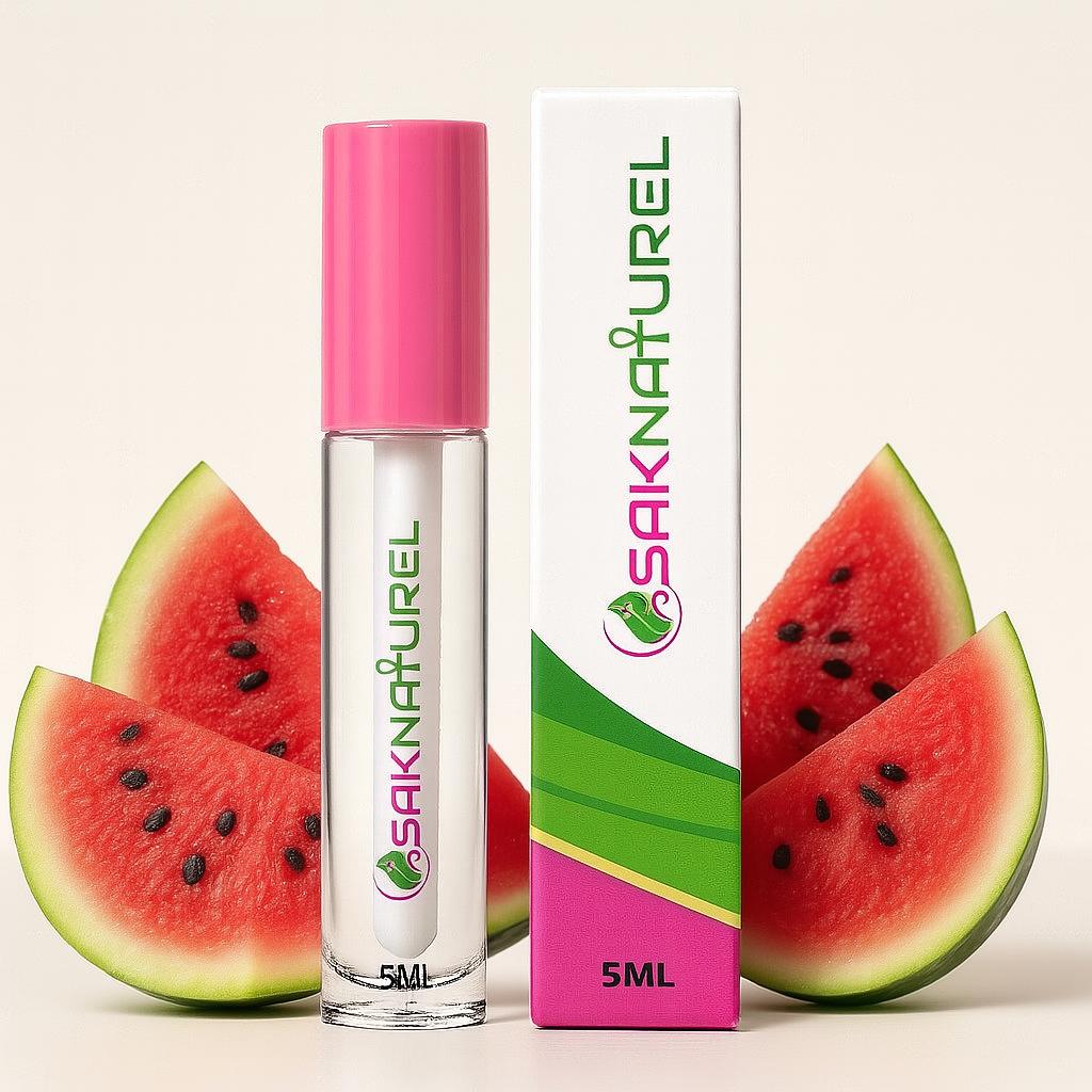 "SakNaturel hydrating watermelon lip gloss in a clear tube with gold cap, displayed on a white background. Vegan formula with a fresh watermelon scent for smooth, glossy lips."