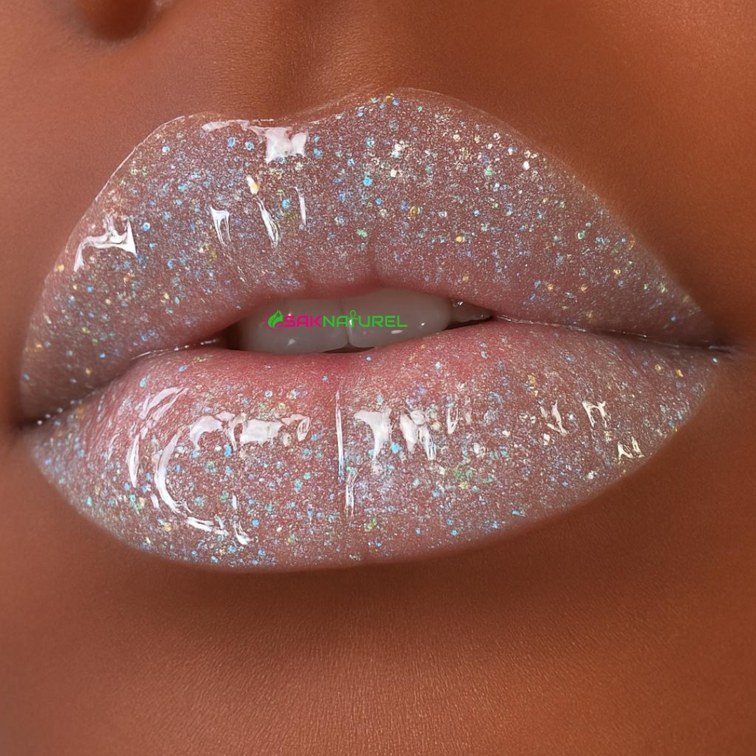 SakNaturel Pearl Dreamer Lip Gloss in a clear 5ML tube with a pink cap, filled with shimmering silver pearl gloss. The product is displayed beside its white and green branded box on a soft off-white background.