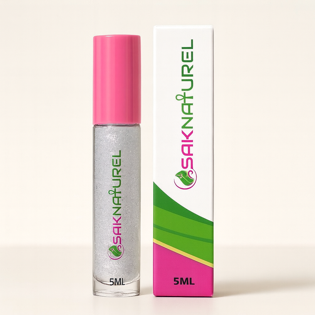 SakNaturel Pearl Dreamer Lip Gloss in a clear 5ML tube with a pink cap, filled with shimmering silver pearl gloss. The product is displayed beside its white and green branded box on a soft off-white background.