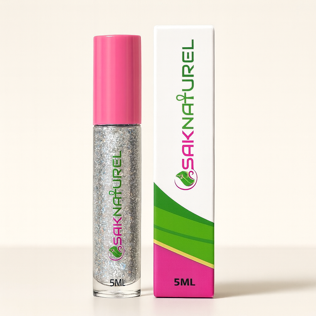 SakNaturel Holographic Lip Gloss in a clear 5ML tube with pink cap, filled with silver holographic glitter. Displayed next to matching white and green branded packaging on a soft off-white background.