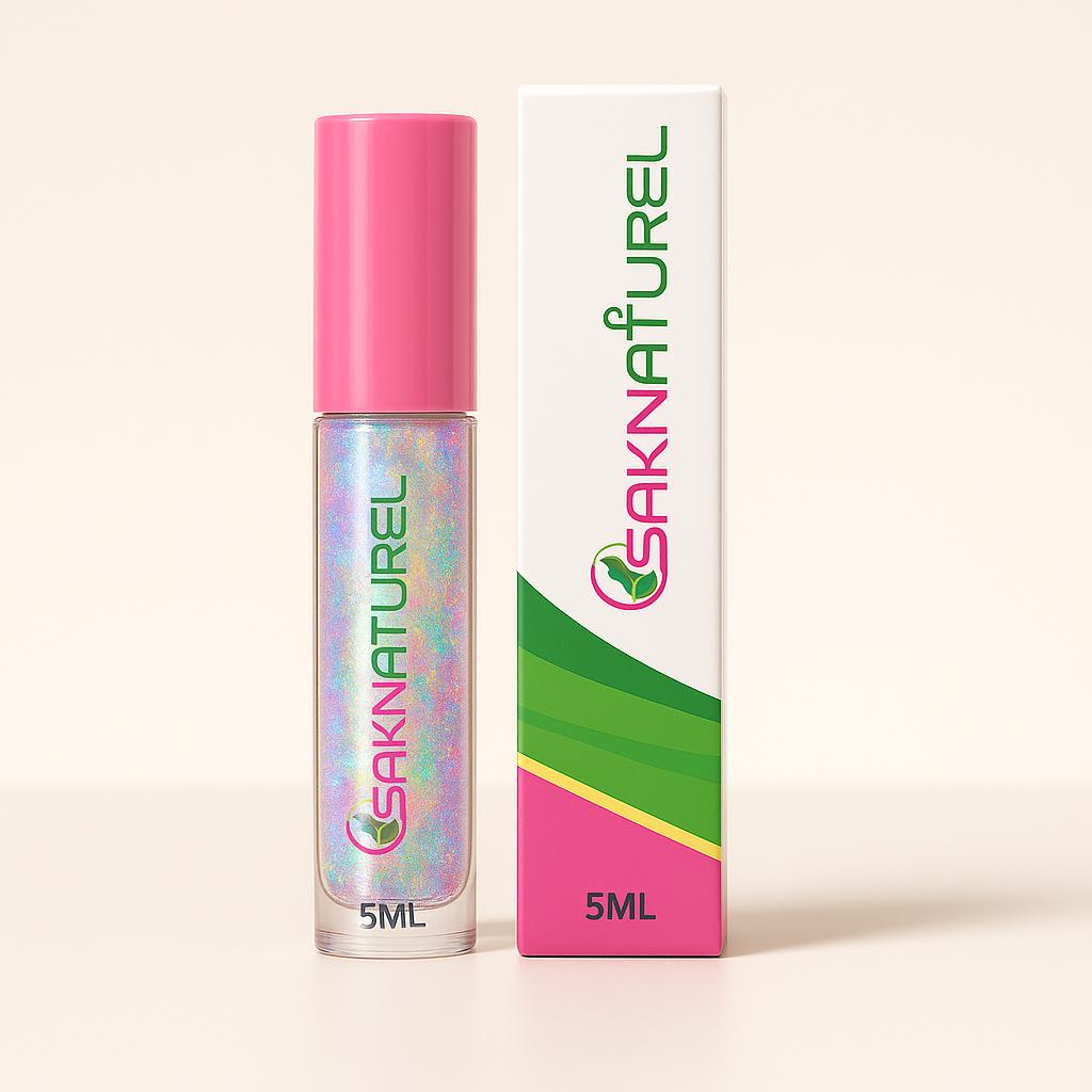 SakNaturel Color Changing Holographic Lip Gloss in a clear 5ML tube with pink cap, featuring multi-color holographic shimmer inside. Product is displayed next to its white and green branded packaging on a soft white background.”