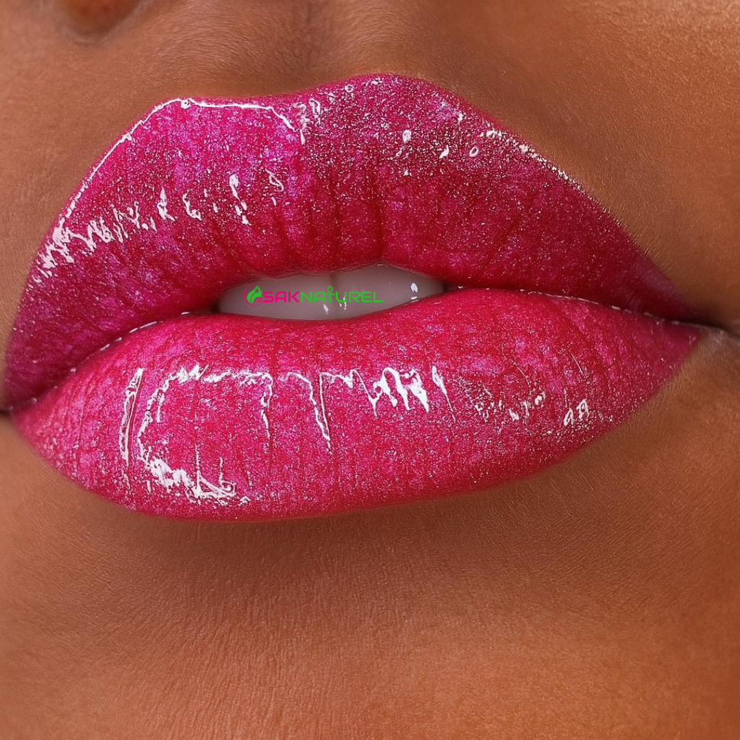 SakNaturel Color Changing Holographic Lip Gloss in a clear 5ML tube with pink cap, featuring multi-color holographic shimmer inside. Product is displayed next to its white and green branded packaging on a soft white background.”