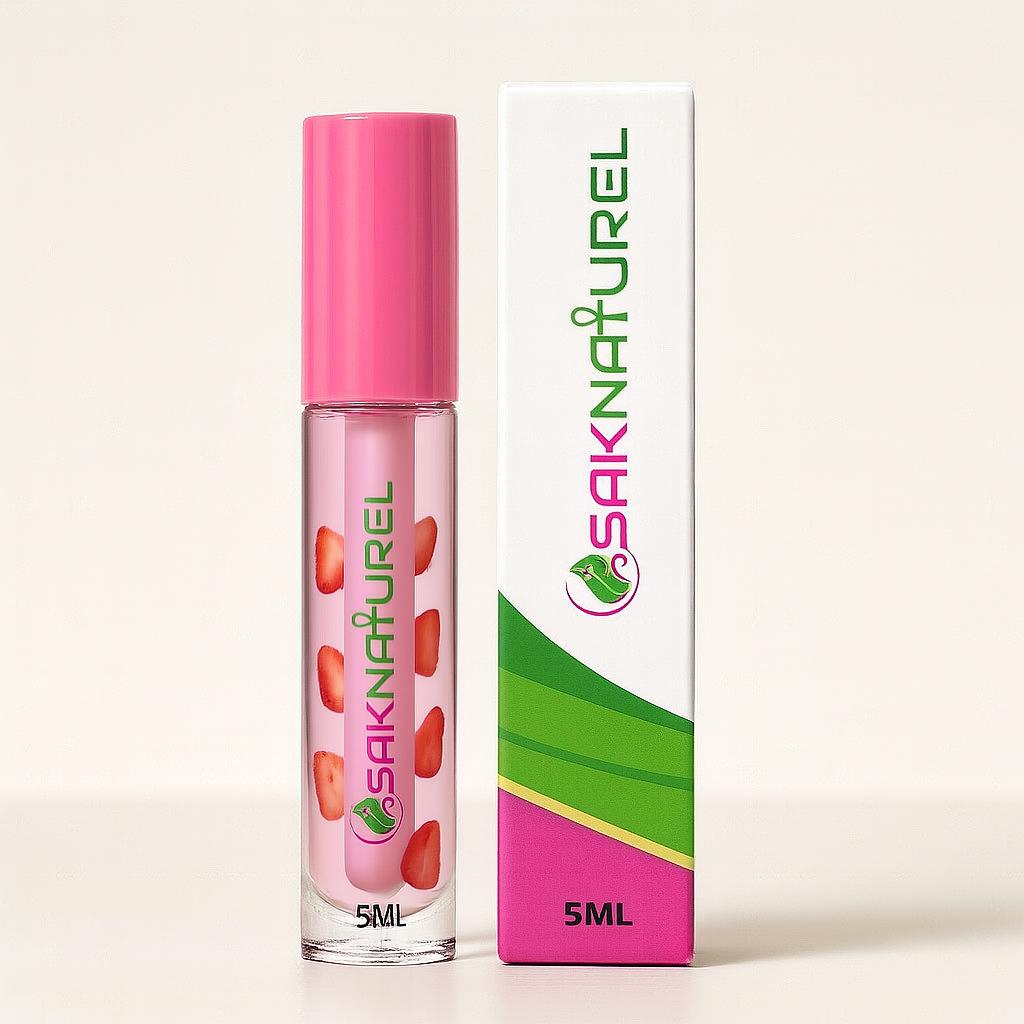 "SakNaturel color changing vegan lip gloss in a clear tube with gold cap, displayed on a white background. Gloss reacts to pH for a custom pink tint and has a hydrating strawberry formula."

