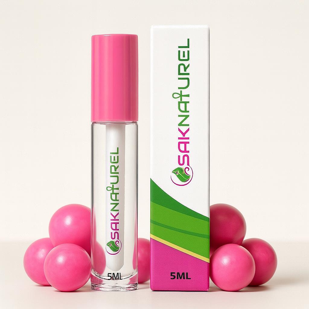 "SakNaturel hydrating bubble gum lip gloss in a clear tube with gold cap, displayed on a white background. Vegan formula with a sweet bubble gum scent for soft, glossy lips."

