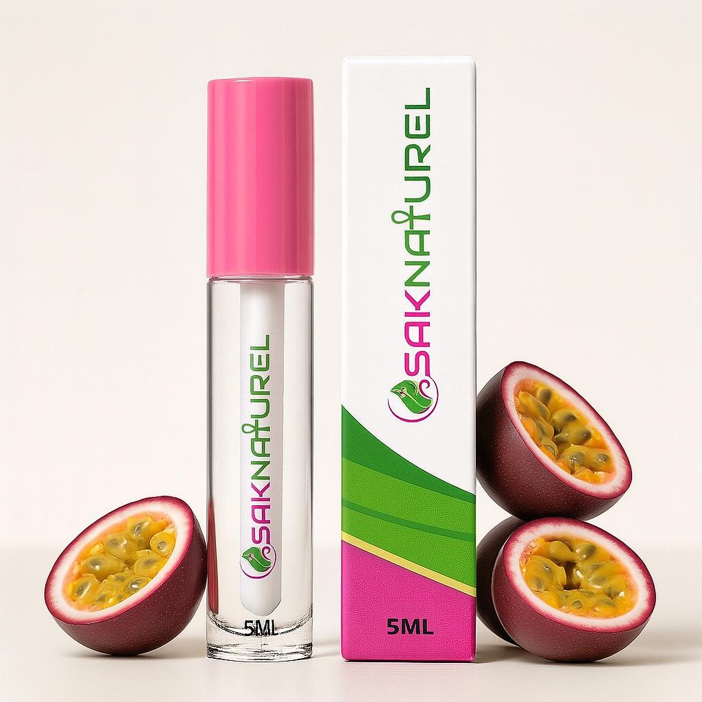 "SakNaturel hydrating passionfruit lip gloss in a clear tube with gold cap, displayed on a white background. Vegan formula with a tropical passionfruit scent for smooth, glossy lips."

