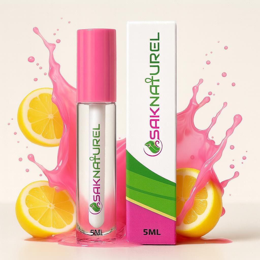 "SakNaturel hydrating pink lemonade lip gloss in a clear tube with gold cap, displayed on a white background. Vegan formula with a sweet citrus scent for soft, glossy lips."

