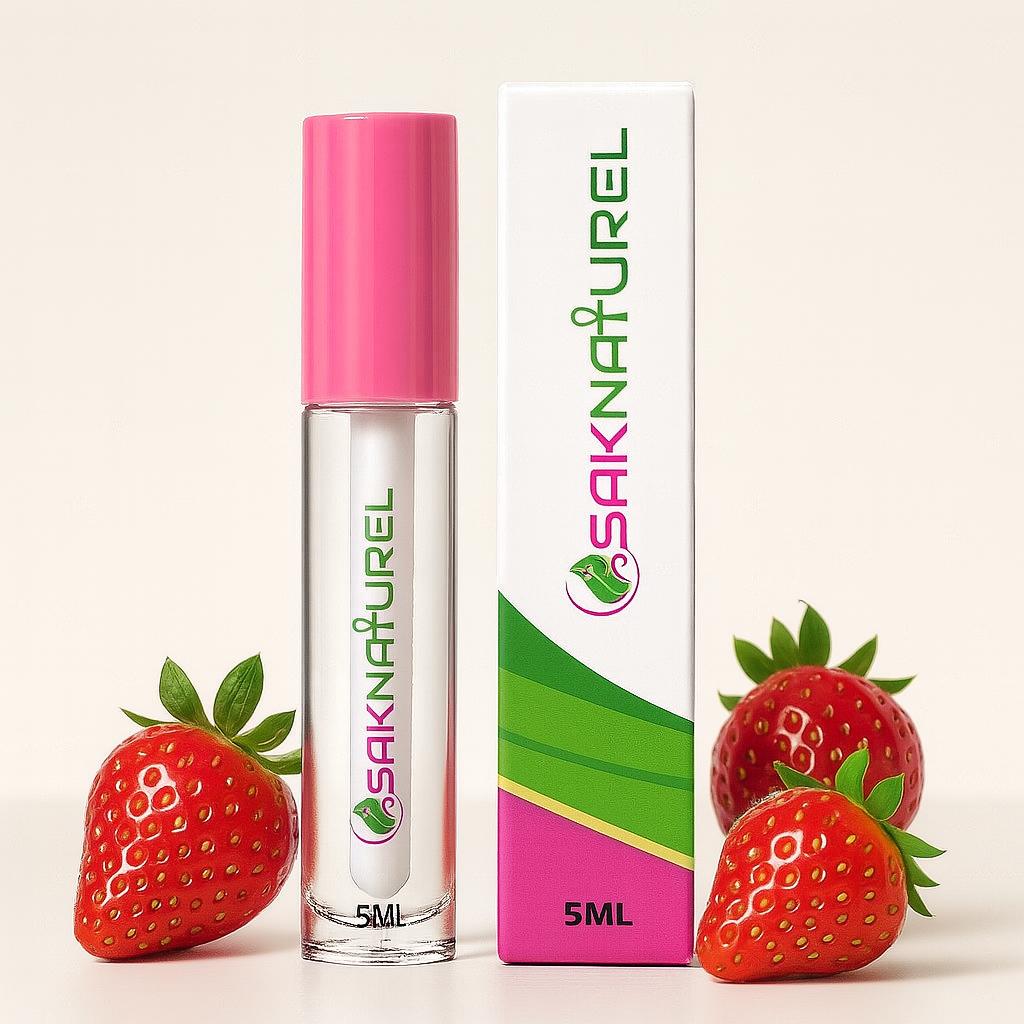 "SakNaturel hydrating strawberry lip gloss in a clear tube with gold cap, displayed on a white background. Vegan formula with a sweet strawberry scent for soft, glossy lips."

